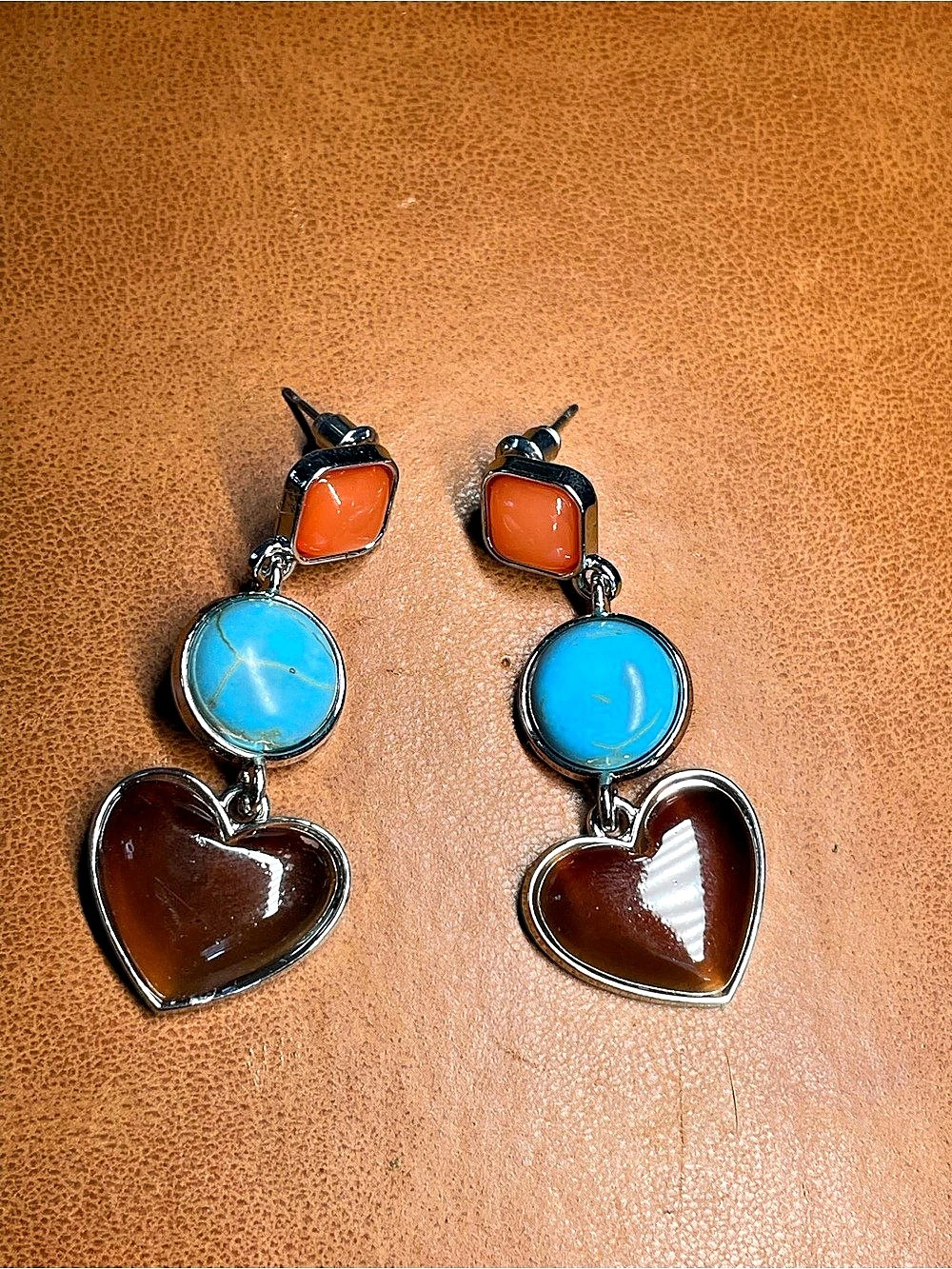 Y2K Turquoise Look & Brown Heart Dangle Earrings